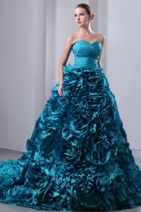 Teal A-Line / Princess Sweetheart Ruch and Hand Made Flowers Quinceanea Dress Brush Train Taffeta