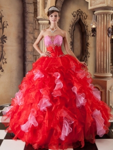The Most Popular Red Quinceanera Dress Strapless Organza Beading and Ruffles Ball Gown