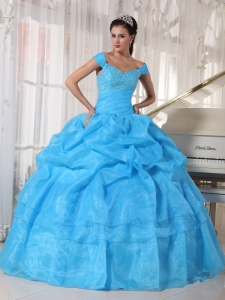 Beautiful Sky Blue Quinceanera Dress Off The Shoulder Taffeta and Organza Beading Ball Gown