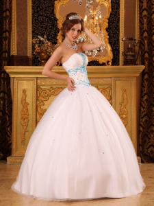 Beautiful White Quinceanera Dress Strapless Satin and Organza Beading Ball Gown