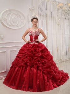 Brand New Wine Red Quinceanera Dress Spaghetti Straps Court Train Organza Beading Ball Gown