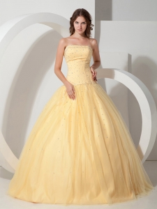 Custom Made Light Yellow Quinceanera Dress Strapless Beading