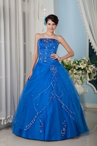 Customize Royal Blue 15 Quinceanera Dress A-line / Princess Strapsless Tulle Floor-length