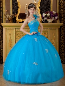 Low Price Quinceanera Dress Teal One Shoulder Tulle Appliques Ball Gown