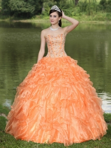 Orange Quinceanera Dress Clearance With Sweetheart Beaded Ruffles Layered Decorate Organza