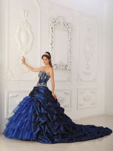 Perfect Royal Blue Quinceanera Dress Sweetheart Chapel Train Taffeta and Organza Appliques Ball Gown