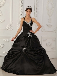 Pretty Black Quinceanera Dress Halter Taffeta Appliques A-Line / Princess