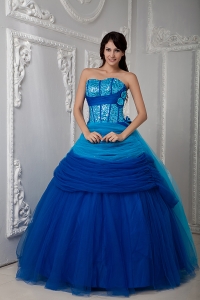 Pretty Blue A-line Quinceanea Dress Sweetheart Floor-length Tulle Ruch