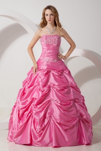 Rose Pink A-line Strapless Appliques Quinceanera Dress Floor-length Taffeta