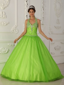Simple Spring Green Quinceanera Dress Halter Tulle Beading A-line