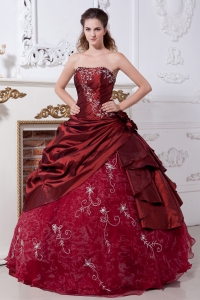 Wine Red Sweet 16 Dress Embroidery A-line Strapless Taffeta and Organza Floor-length