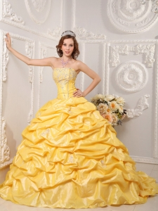Brand New Yellow Quinceanera Dress Strapless Court Train Taffeta Appliques and Beading Ball Gown