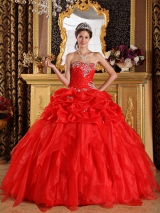 Cheap Red Quinceanera Dress Sweetheart Organza Appliques with Beading Ball Gown