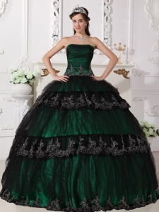 Dark Green Quinceanera Dress Strapless Taffeta and Tulle Appliques Ball Gown