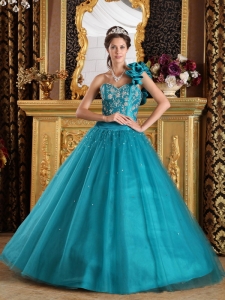 Elegant Teal Quinceanera Dress One Shoulder Tulle Beading A-Line / Princess