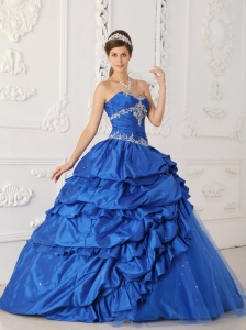 Exclusive Sapphire Blue Quinceanera Dress Sweetheart Taffeta and Tulle Appliques with Beading A-Line / Princess
