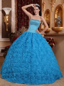 Gorgeous Blue Quinceanera Dress Ball Gown Strapless Fabric With Rolling Flowers Beading Ball Gown