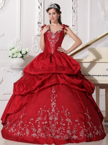 Modest Wine Red Quinceanera Dress Straps Floor-length Taffeta Embroidery Ball Gown