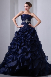 Navy Blue A-Line / Princess Strapless Beading and Ruch Quinceanea Dress Brush Train Taffeta and Organza