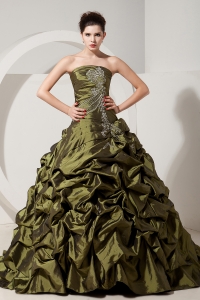 Olive Green A-line / Princess Strapless Sweet 16 Dress Brush Tain Taffeta Beading