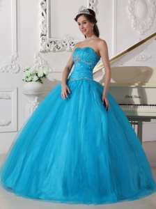 Romantic Teal Quinceanera Dress Strapless Tulle Beading and Ruch Ball Gown