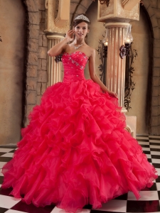 Sexy Coral Red Quinceanera Dress Sweetheart Ruffles Organza Ball Gown