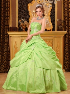 Unique Spring Green Quinceanera Dress Strapless Taffeta Beading Ball Gown