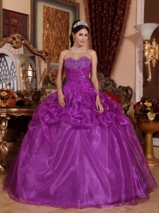 Affordable Eggplant Purple Quinceanera Dress Sweetheart Floor-length Organza Beading Ball Gown