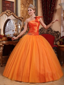 Beautiful Orange Quinceanera Dress One Shoulder Tulle Beading Ball Gown