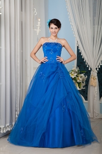 Beautiful Royal Blue 15 Quinceanera Dress A-line / Princess Strapless Tulle Beading Floor-length