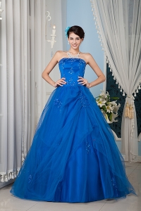 Beautiful Royal Blue 15 Quinceanera Dress A-line / Princess Strapless Tulle Beading Floor-length