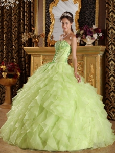 Beautiful Yellow Green Quinceanera Dress Strapless Satin and Organza Embroidery with Beading Ball Gown