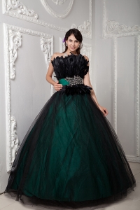 Black and Green Ball Gown Cute Quinceanera Dress Strapless Tulle Beading and Feather Floor-length
