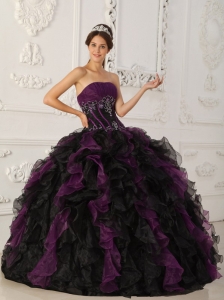Brand New Purple and Black Quinceanera Dress Strapless Taffeta and Organza Beading Ball Gown