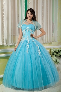 Cheap Aqua Ball Gown 15 Quinceanera Dress Sweetheart Tulle Appliques Floor-length