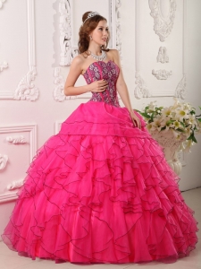 Cheap Hot Pink Quinceanera Dress Sweetheart Organza Beading Ball Gown