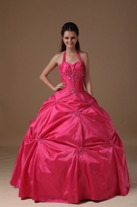Exclusive Hot Pink Ball Gown Halter Quinceanera Dress Taffeta Beading Floor-length