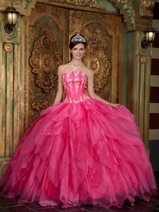Gorgeous Hot Pink Quinceanera Dress Strapless Appliques Organza Ball Gown