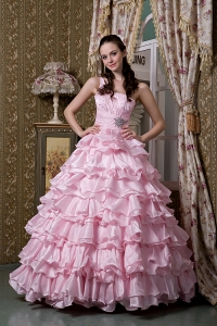 New Baby Pink A-line One Shoulder 15 Quinceanea Dress Elastic Woven Satin Beading Ruffled Layers Floor-length