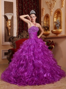 Pretty Purple Quinceanera Dress Strapless Organza Beading Ball Gown