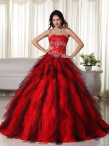 Red Ball Gown Strapless Floor-length Floor-length Taffeta Appliques Quinceanera Dress