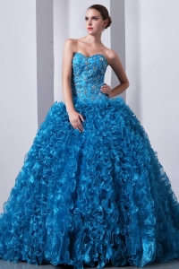 Sky Blue A-Line / Princess Brush Train Beading and Ruffles Quinceanea Dress Sweetheart Organza