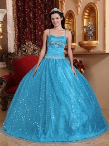 Modest Blue Quinceanera Dress Spaghetti Straps Sequined Beading Ball Gown