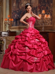 Affordable Coral Red Quinceanera Dress Strapless Appliques Taffeta Ball Gown