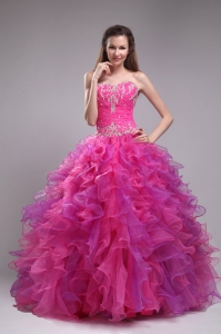 Affordable Fuchsia Quinceanera Dress Sweetheart Orangza Appliques Ball Gown