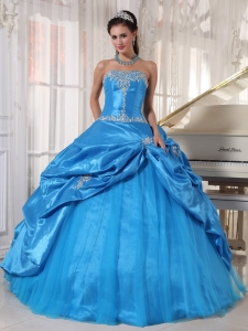 Cheap Sky Blue Quinceanera Dress Strapless Taffeta and Tulle Appliques Ball Gown