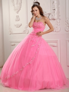 Classical Rose Pink Sweet 16 Dress Ball Gown Sweetheart Tulle Appliques