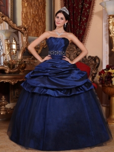 Elegant Navy Blue Quinceanera Dress Strapless Tulle and Taffeta Beading Ball Gown