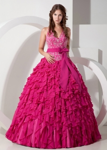 Exclusive Hot Pink Ball Gown Halter Quinceanera Dress Chiffon Embroidery Floor-length