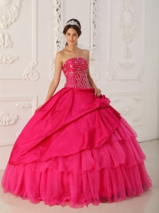 Lovely Hot Pink Quinceanera Dress Strapless Organza and Taffeta Beading Ball Gown